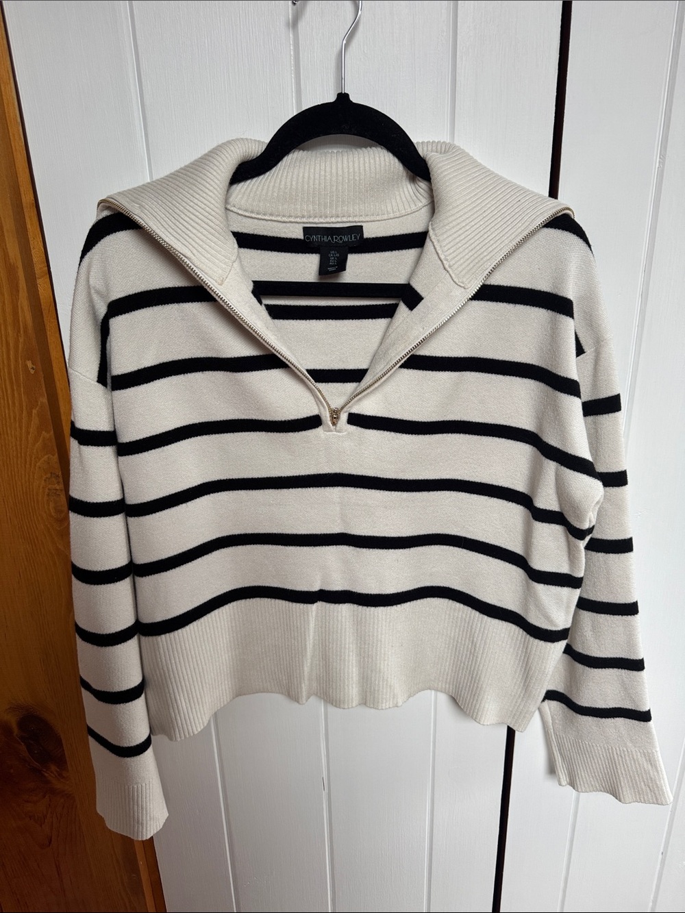 Cynthia Rowley Cream and Black Striped Half-Zip Pullover